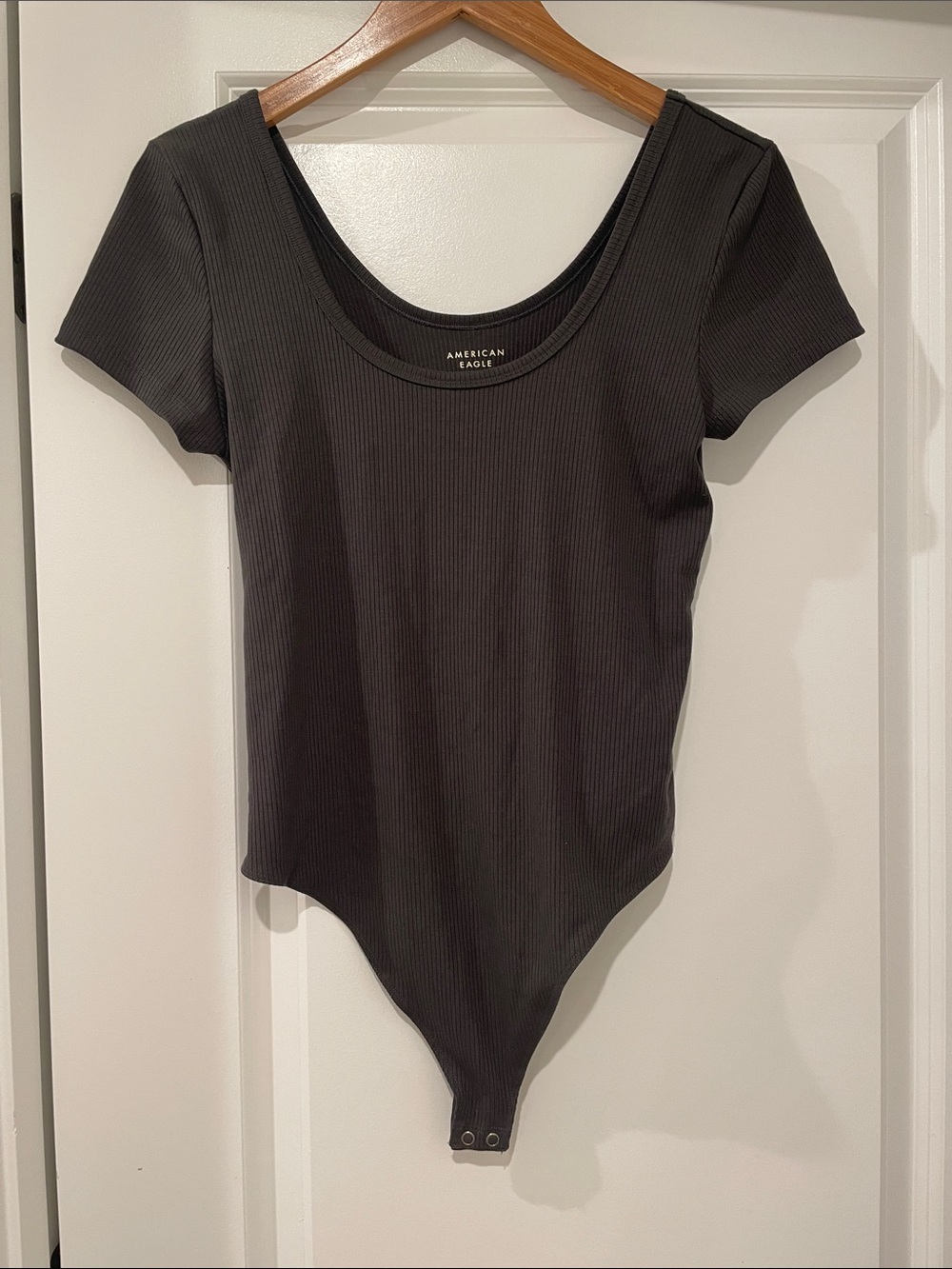 American Eagle Outfitters charcoal Black Ribbed Short-Sleeve Bodysuit large